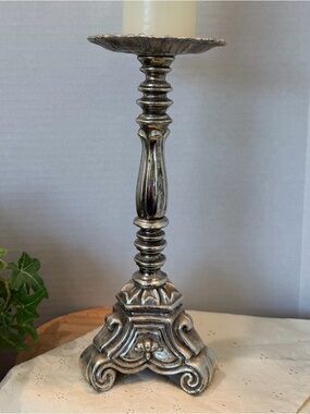 Vintage Style Ornate Metal Candlestick Holder 10.25" Baroque Silver Tone Rubel
